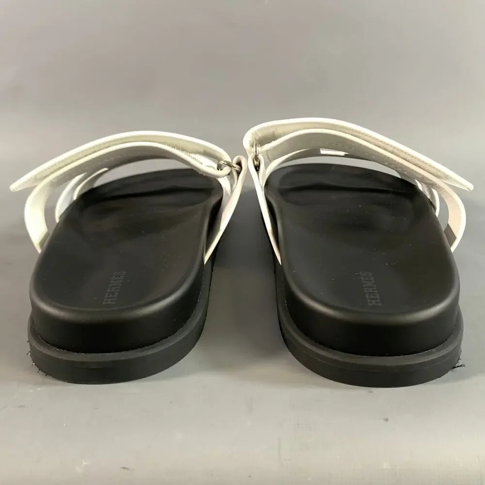 HERMES Size 9 White Black Leather Sandals